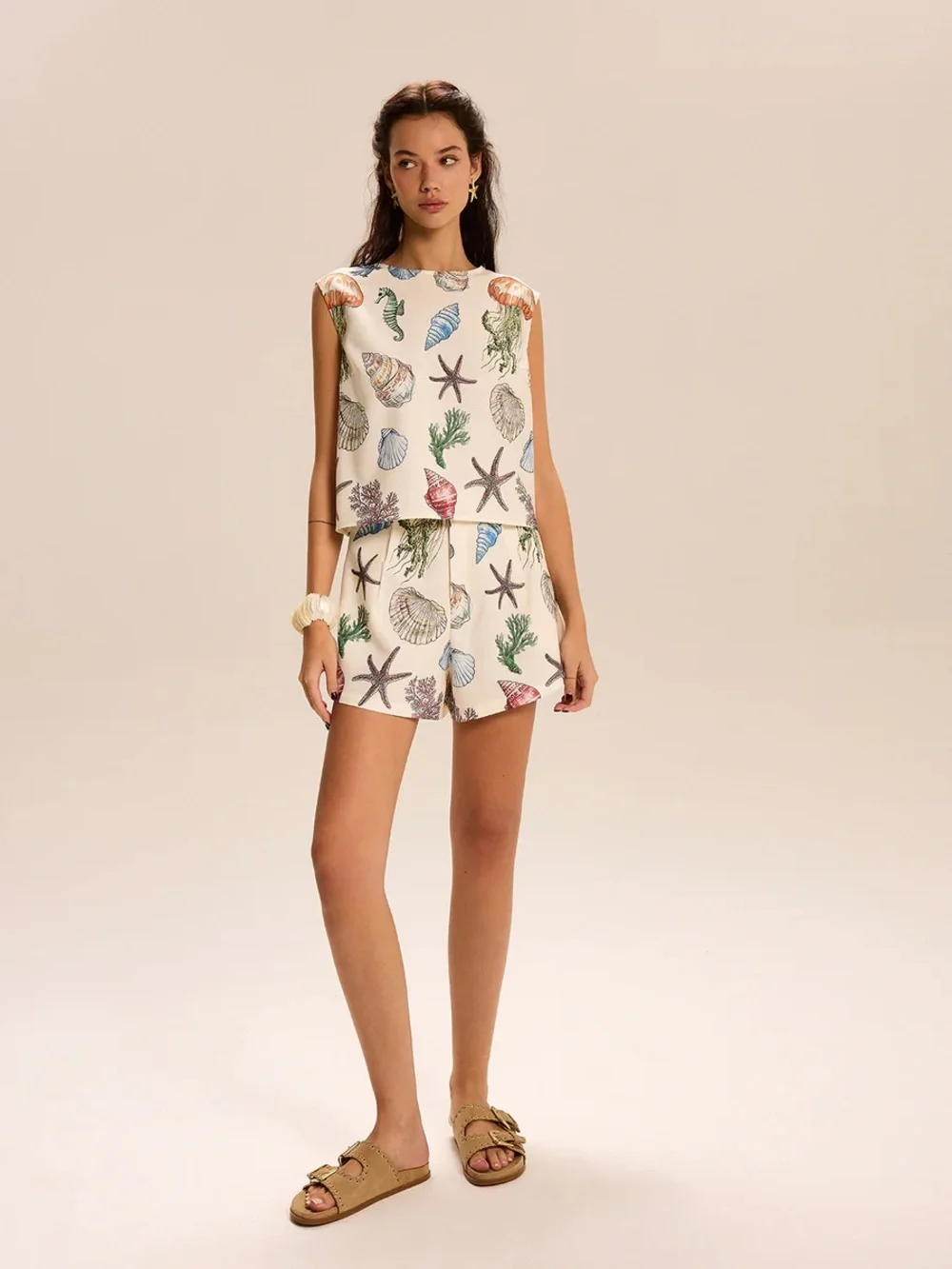 027. Commense S Seashell Print Sleeveless Top and Shorts Set - Picture 5 of 5